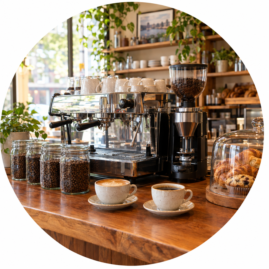 A café counter with an espresso machine, a coffee grinder, glass jars of roasted coffee beans and two cups of coffee