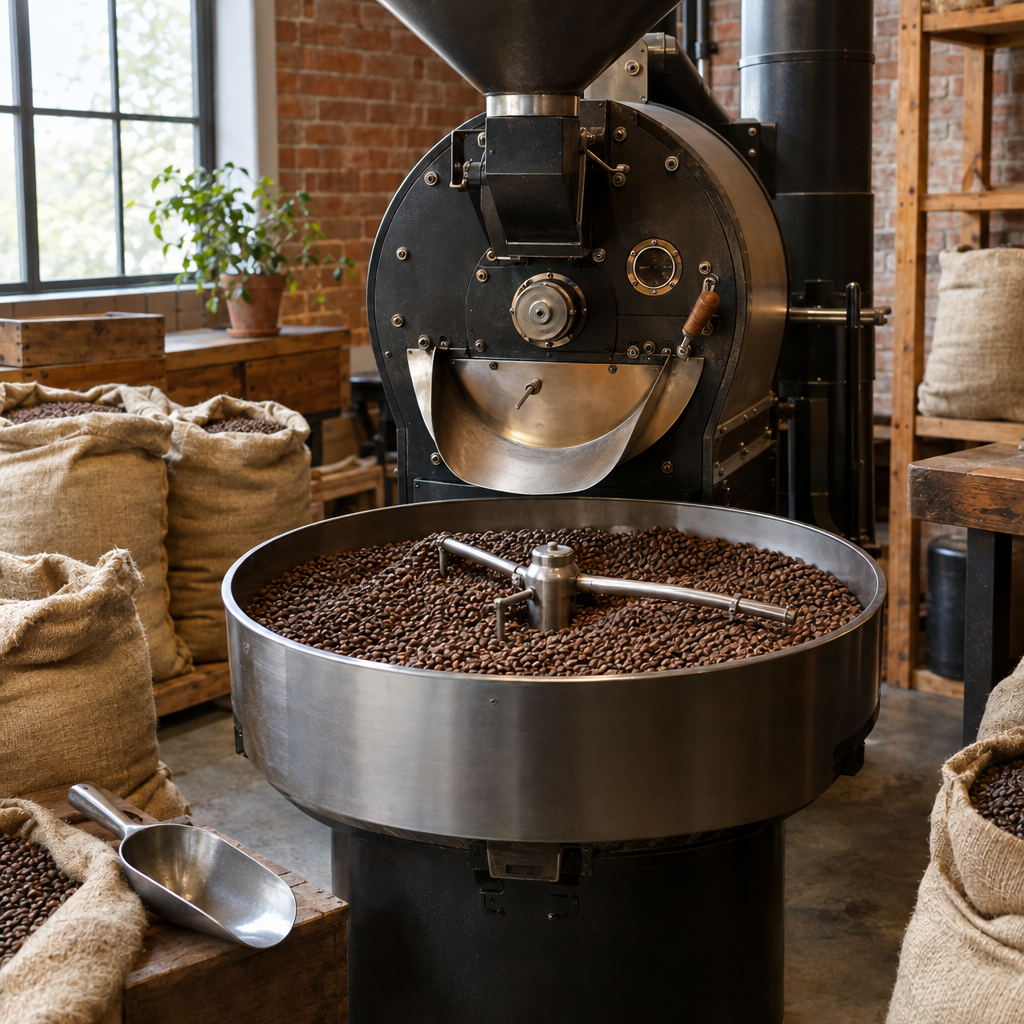 A craft coffee roastery with a drum roaster, a cooling tray of freshly roasted coffee beans and burlap coffee sacks