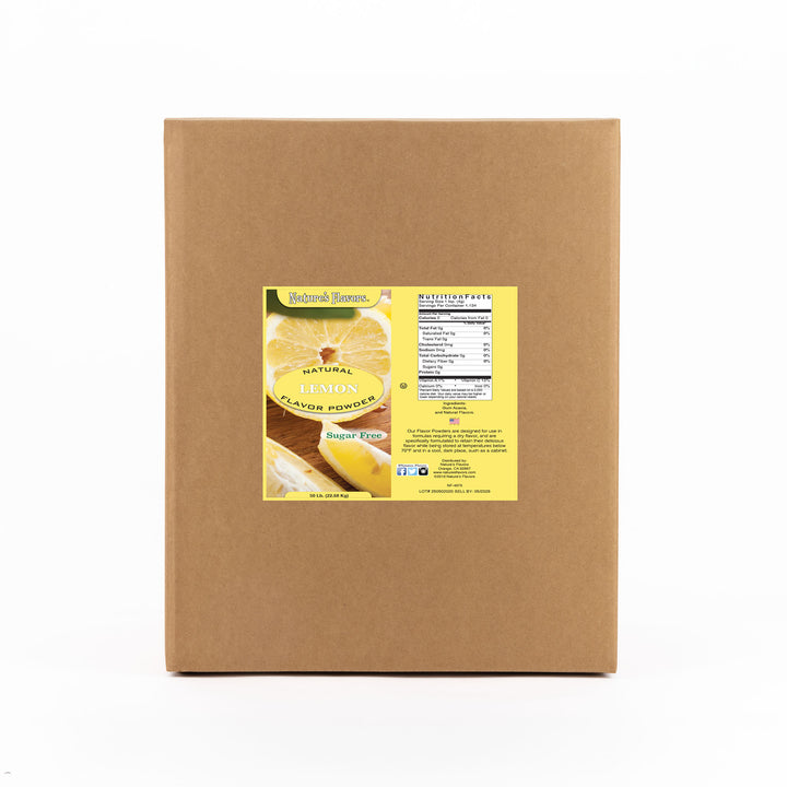 Cardboard box labeled “Natural Lemon Flavor Powder Sugar Free”.
