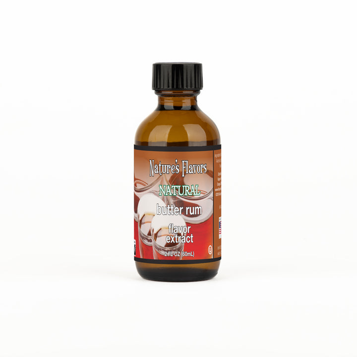 Brown bottle labeled “Natural Butter Rum Flavor Extract".