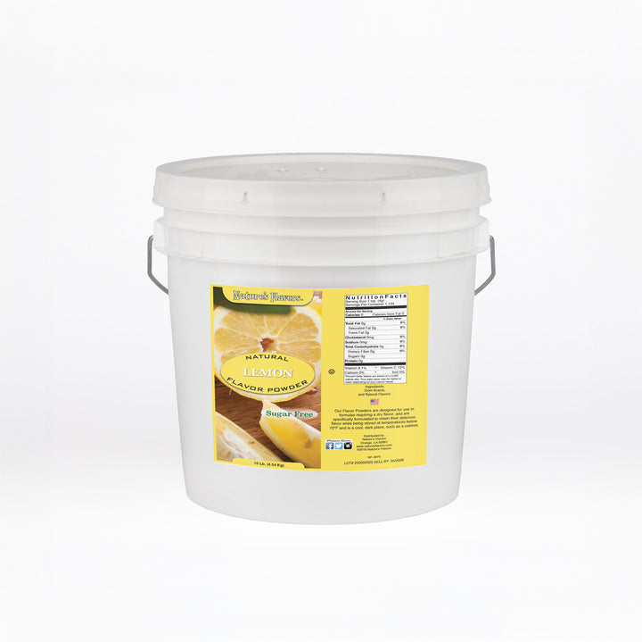 White bucket labeled “Natural Lemon Flavor Powder Sugar Free"