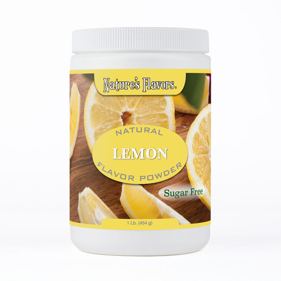 White tub labeled, "Natural Lemon Flavor Powder Sugar Free"