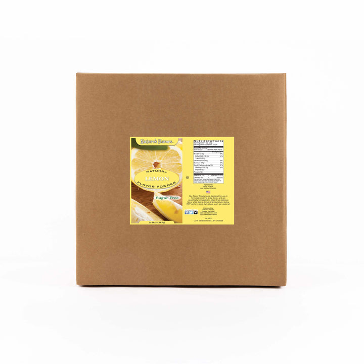 Cardboard box labeled “Natural Lemon Flavor Powder Sugar Free”.
