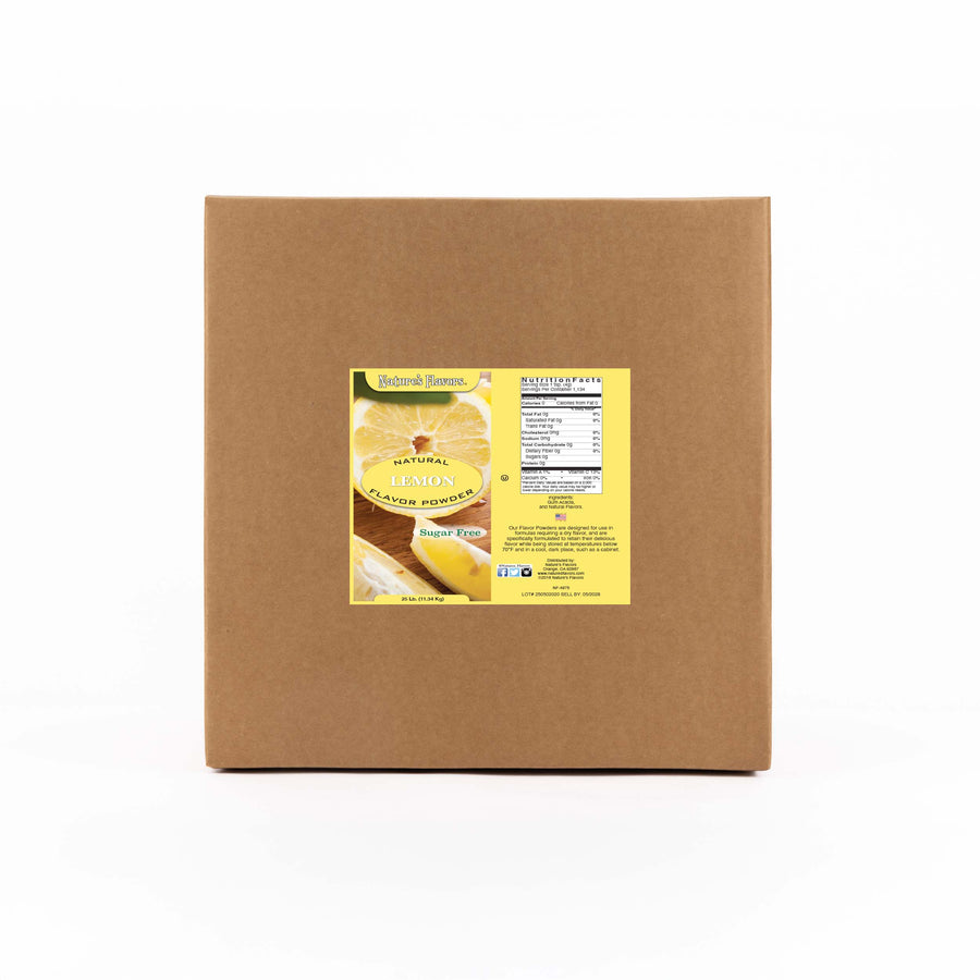 Cardboard box labeled “Natural Lemon Flavor Powder Sugar Free”.
