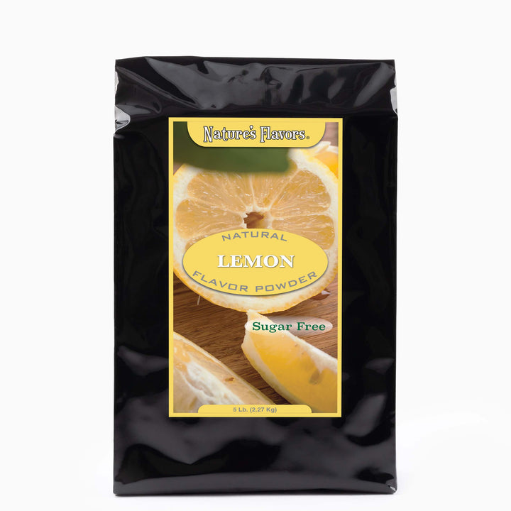 Black bag labeled "Natural Lemon Flavor Powder Sugar Free".