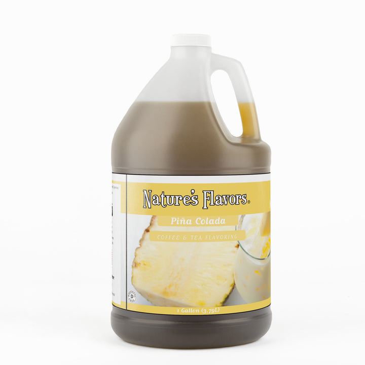 A 1 gallon bottle with a label that reads, "Piña Colada Coffee & Tea Flavoring."
