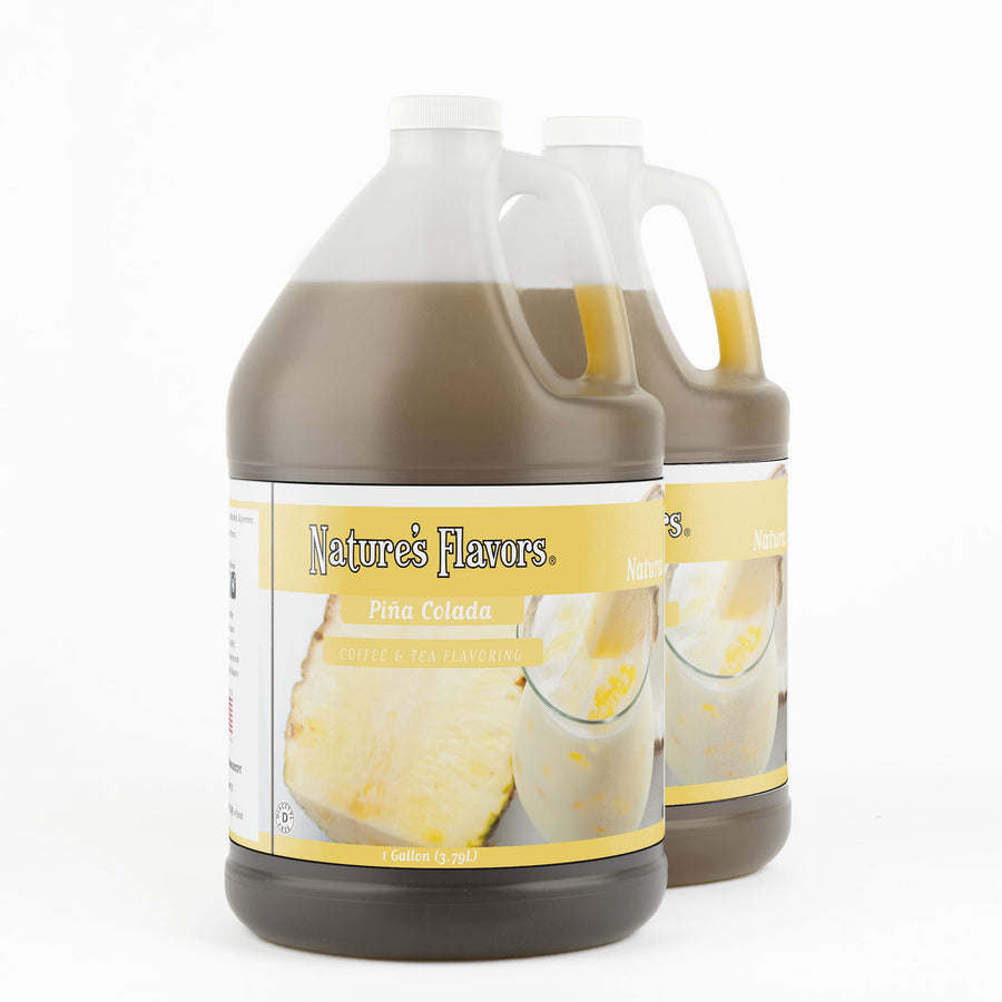 Two 1-gallon bottles with labels that read, "Natural Piña Colada Coffee & Tea Flavoring."