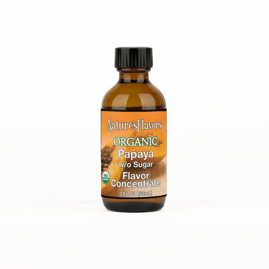 A 2 fl oz amber glass bottle of Nature's Flavors Papaya Flavor Concentrate w/o Sugar, Organic with a black cap, centered on a white background.