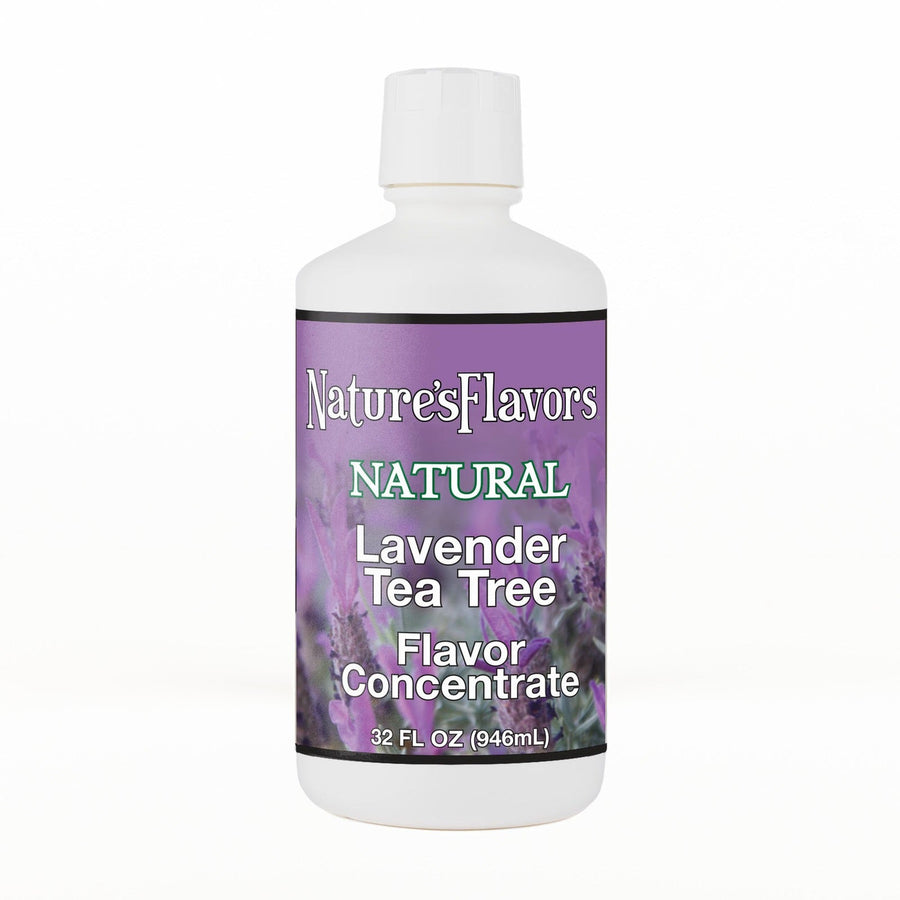 A 32 fl oz white plastic bottle of Nature's Flavors Lavender Tea Tree Flavor Concentrate, Natural with a white cap, centered on a white background.