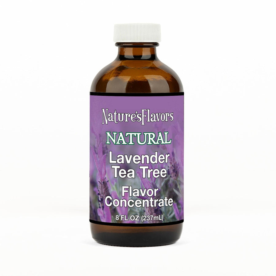 An 8 fl oz amber glass bottle of Nature's Flavors Lavender Tea Tree Flavor Concentrate, Natural with a white cap, centered on a white background.