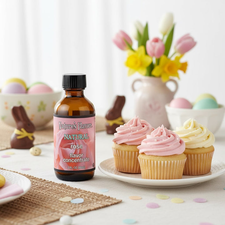 Bottle of Nature's Flavors rose flavor concentrate with cupcakes and Easter decorations on a table.