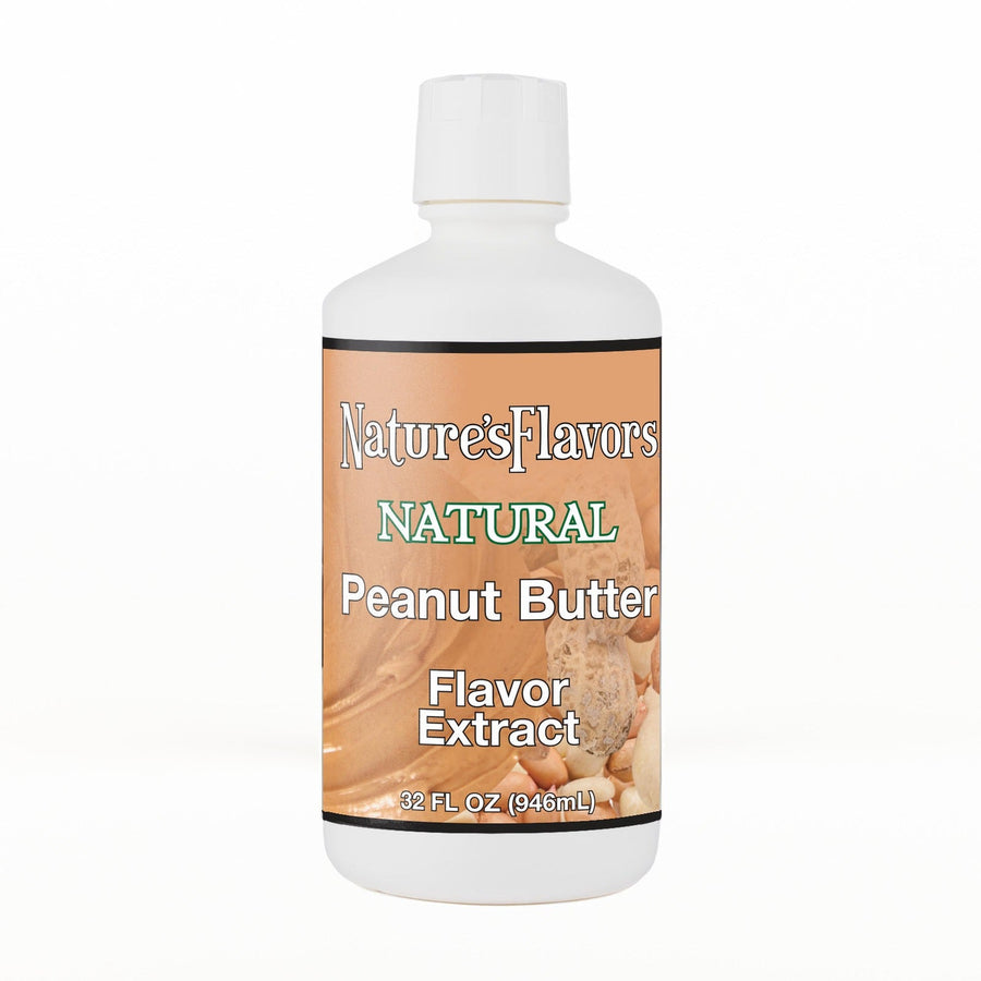 A 32 fl oz white plastic bottle of Nature's Flavors Peanut Butter Flavor Extract, Natural with a white cap, centered on a white background.