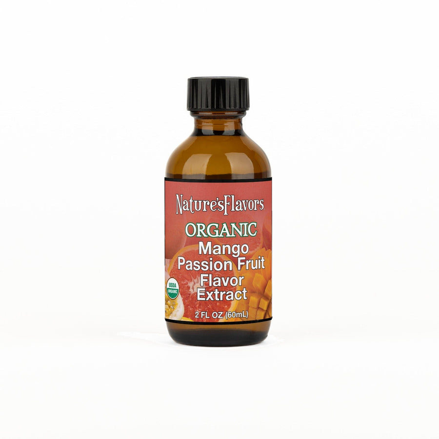 A 2 fl oz amber glass bottle of Nature's Flavors Mango Passion Fruit Flavor Extract, Organic with a black cap, centered on a white background.