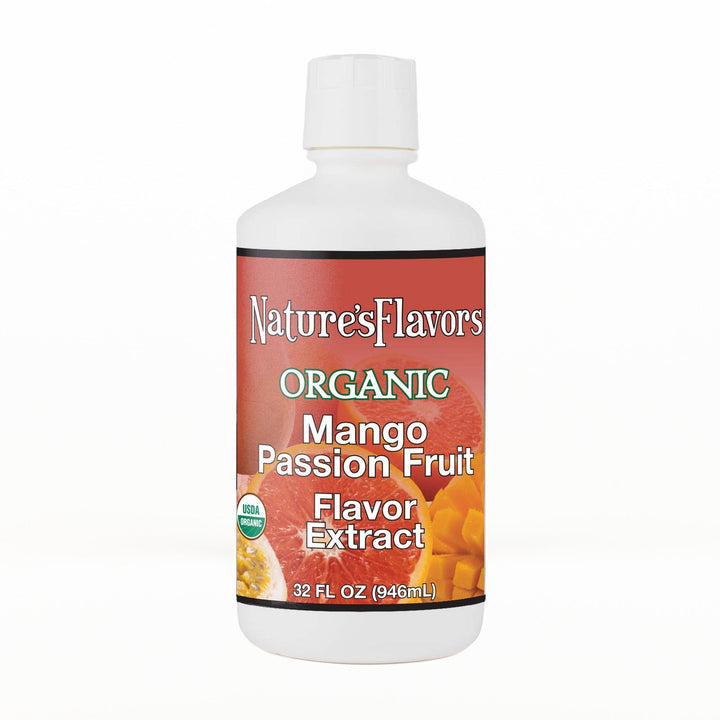 A 32 fl oz white plastic bottle of Nature's Flavors Mango Passion Fruit Flavor Extract, Organic with a white cap, centered on a white background.