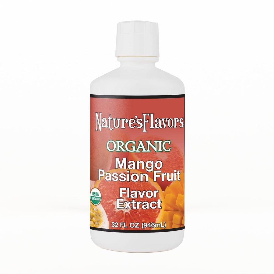 A 32 fl oz white plastic bottle of Nature's Flavors Mango Passion Fruit Flavor Extract, Organic with a white cap, centered on a white background.