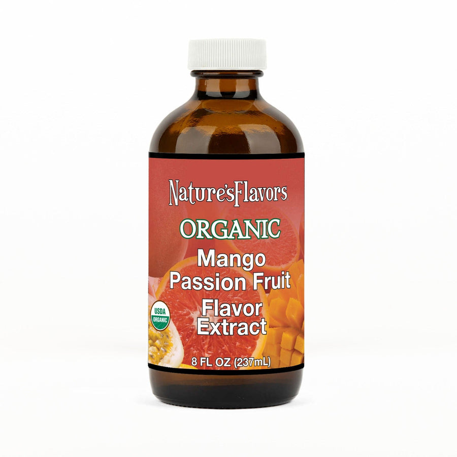 An 8 fl oz amber glass bottle of Nature's Flavors Mango Passion Fruit Flavor Extract, Organic with a white cap, centered on a white background.