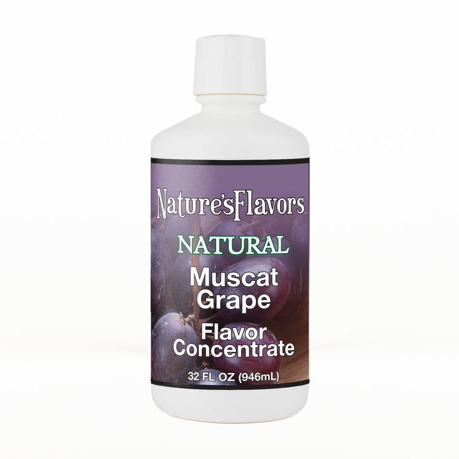 A 32 fl oz white plastic bottle of Nature's Flavors Muscat Grape Flavor Concentrate, Natural with a white cap, centered on a white background.