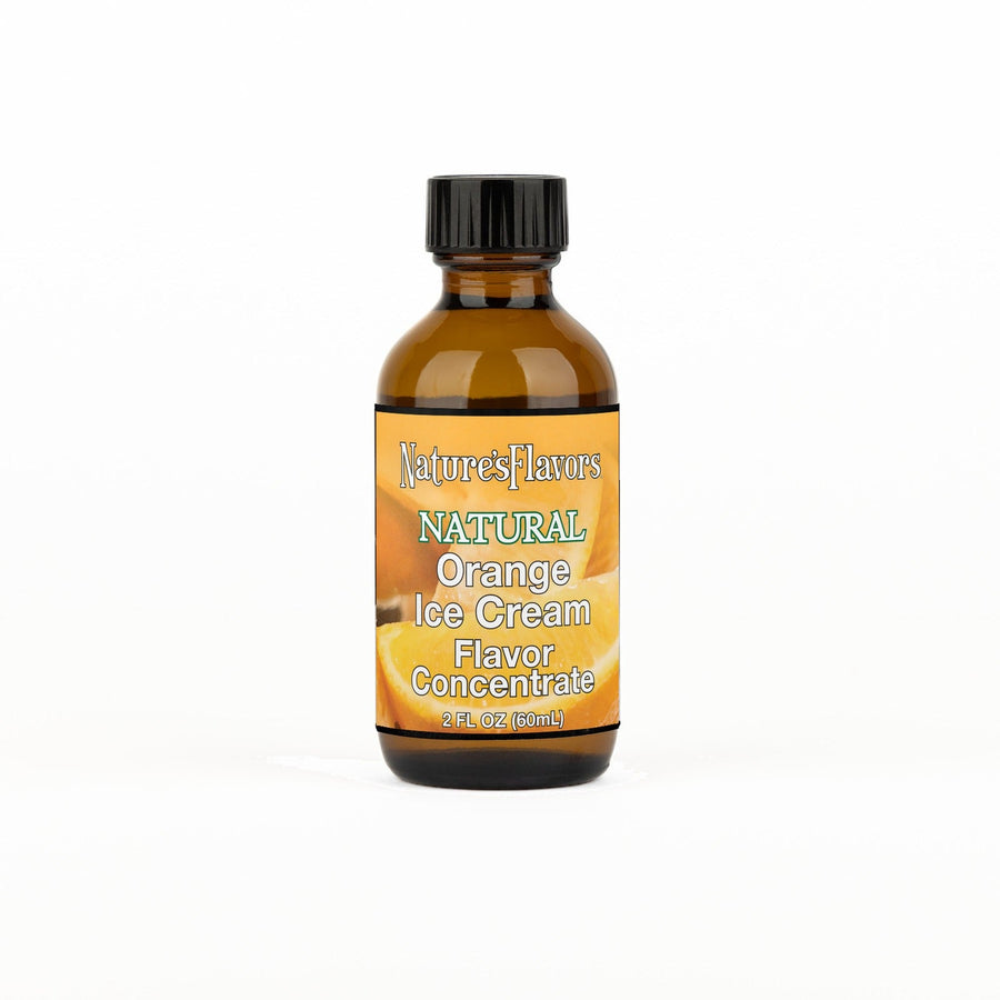A 2 fl oz amber glass bottle of Nature's Flavors Orange Ice Cream Flavor Concentrate with a black cap, centered on a white background.