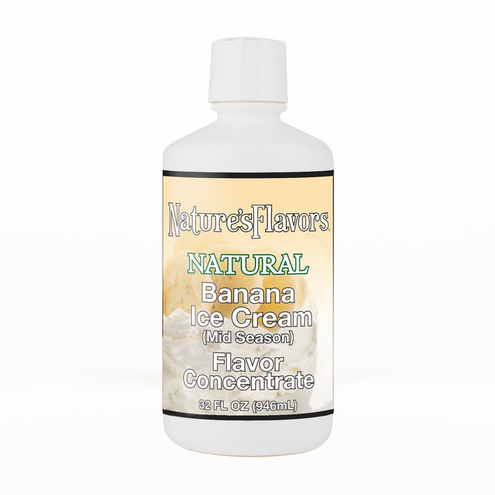 A 32 fl oz white plastic bottle of Nature's Flavors Banana Ice Cream Flavor Concentrate (Mid-Season) with a white cap, centered on a white background.