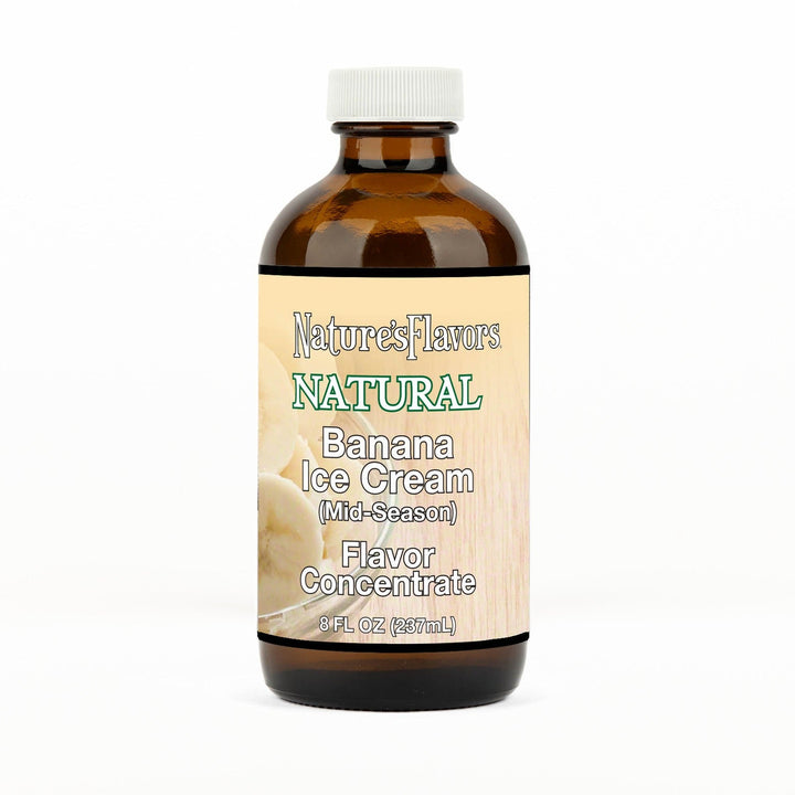 An 8 fl oz amber glass bottle of Nature's Flavors Banana Ice Cream Flavor Concentrate (Mid-Season) with a white cap, centered on a white background.