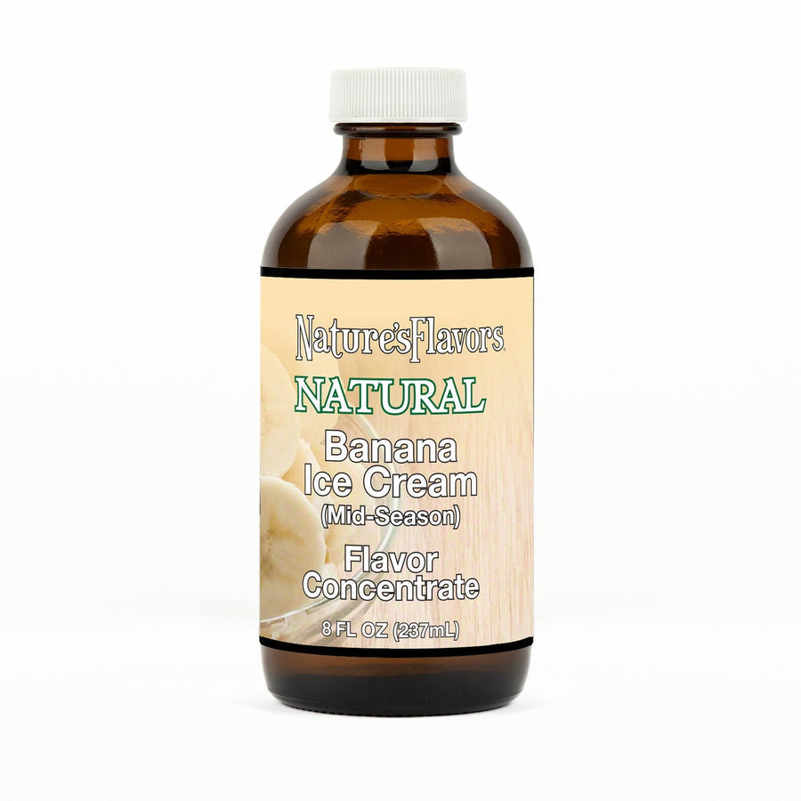 An 8 fl oz amber glass bottle of Nature's Flavors Banana Ice Cream Flavor Concentrate (Mid-Season) with a white cap, centered on a white background.