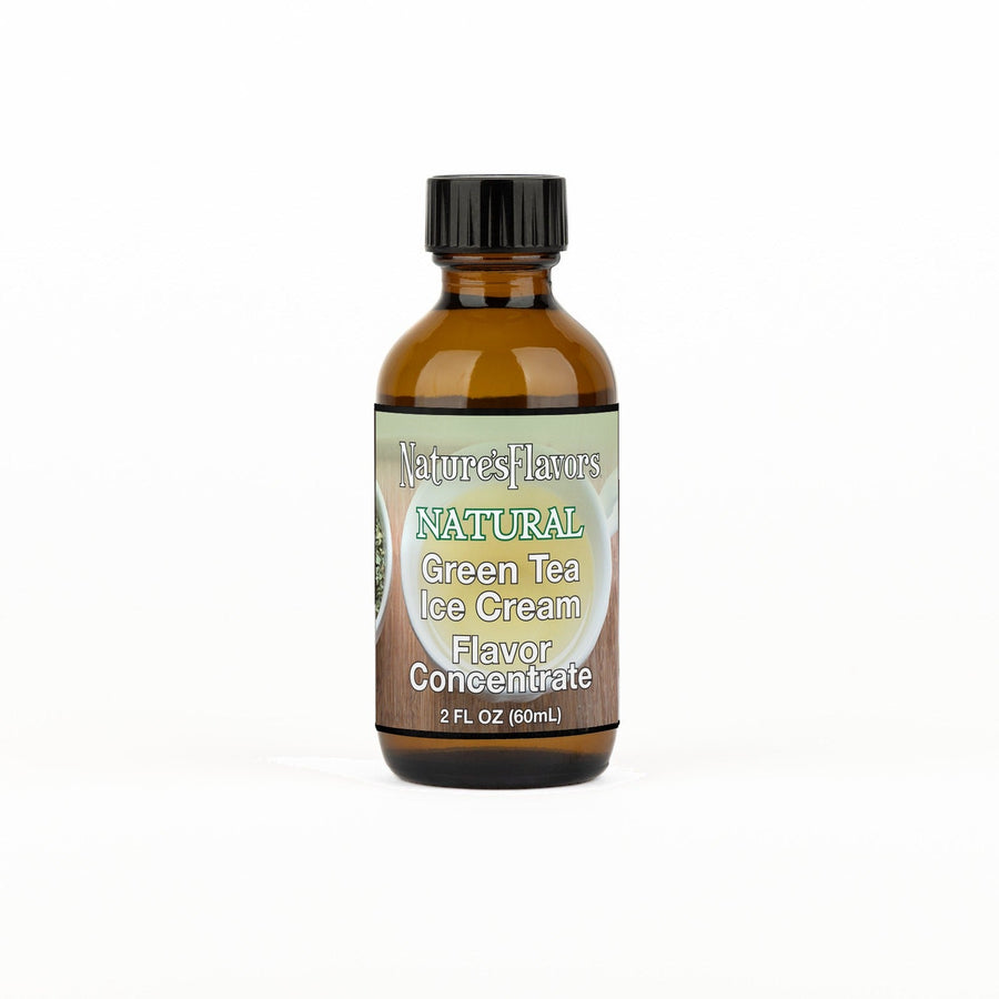 A 2 fl oz amber glass bottle of Nature's Flavors Green Tea Ice Cream Flavor Concentrate with a black cap, centered on a white background.