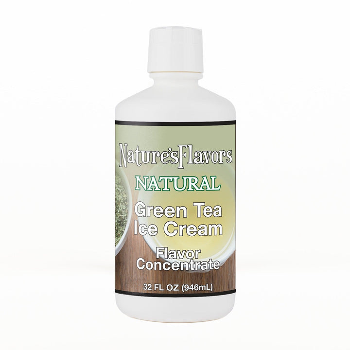 A 32 fl oz white plastic bottle of Nature's Flavors Green Tea Ice Cream Flavor Concentrate with a white cap, centered on a white background.