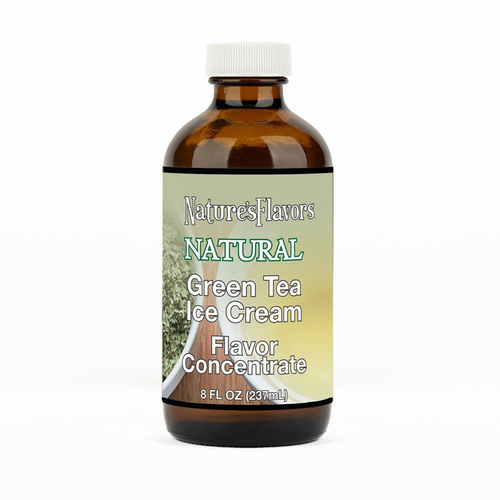 An 8 fl oz amber glass bottle of Nature's Flavors Green Tea Ice Cream Flavor Concentrate with a white cap, centered on a white background.