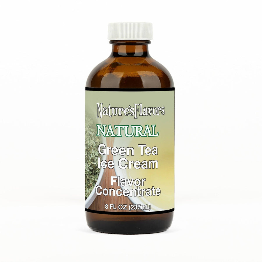 An 8 fl oz amber glass bottle of Nature's Flavors Green Tea Ice Cream Flavor Concentrate with a white cap, centered on a white background.