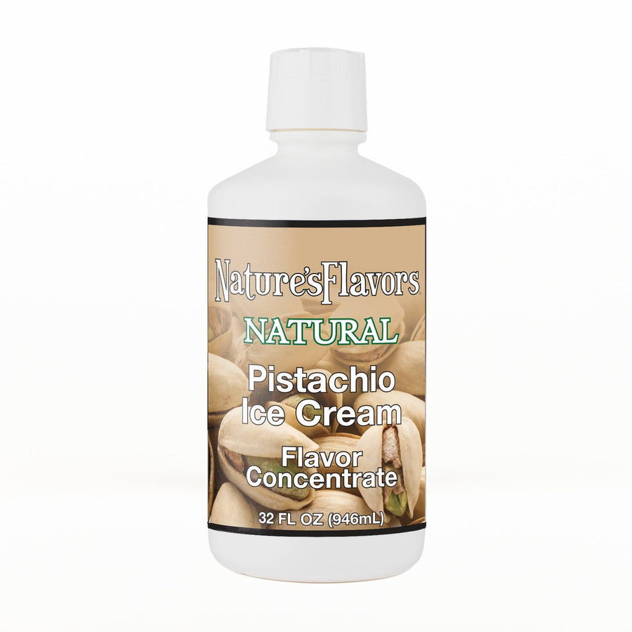 A 32 fl oz white plastic bottle of Nature's Flavors Pistachio Ice Cream Flavor Concentrate with a white cap, centered on a white background.