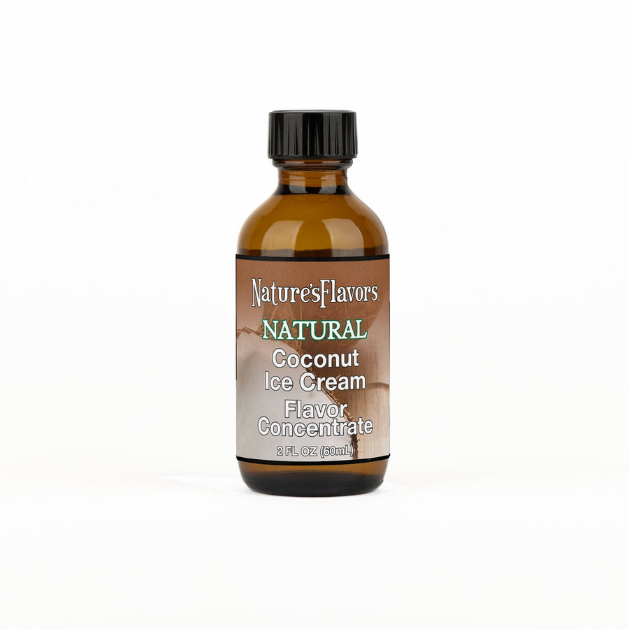 A 2 fl oz amber glass bottle of Nature's Flavors Coconut Ice Cream Flavor Concentrate with a black cap, centered on a white background.