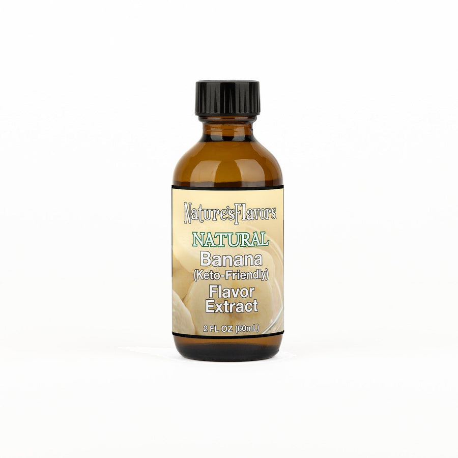 A 2 fl oz amber glass bottle of Nature's Flavors Banana Flavored Extract, Keto-Friendly with a black cap, centered on a white background.