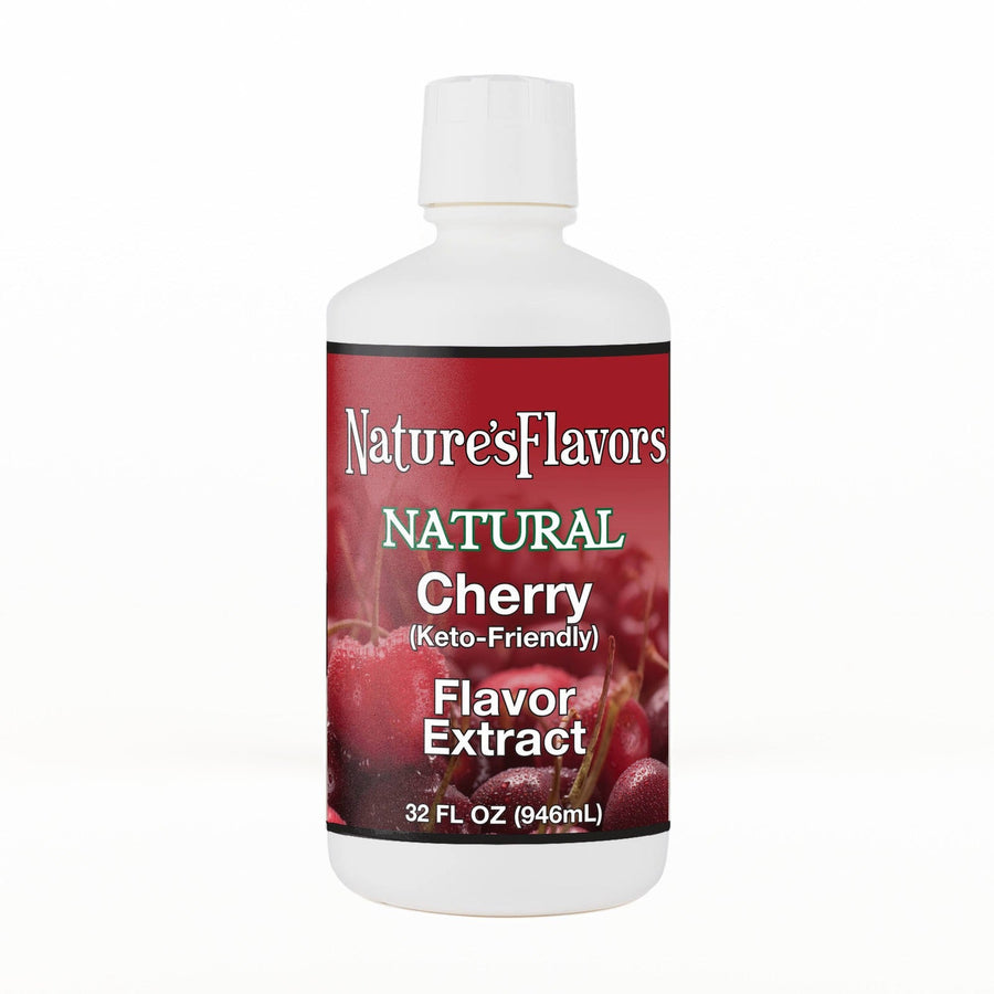 A 32 fl oz white plastic bottle of Nature's Flavors Cherry Flavored Extract, Keto-Friendly with a white cap, centered on a white background.