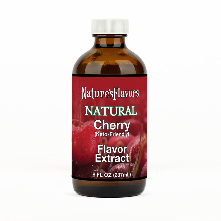 An 8 fl oz amber glass bottle of Nature's Flavors Cherry Flavored Extract, Keto-Friendly with a white cap, centered on a white background.
