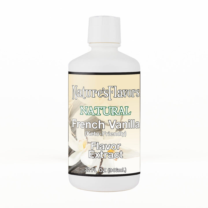 A 32 fl oz white plastic bottle of Nature's Flavors French Vanilla Flavored Extract, Keto-Friendly with a white cap, centered on a white background.