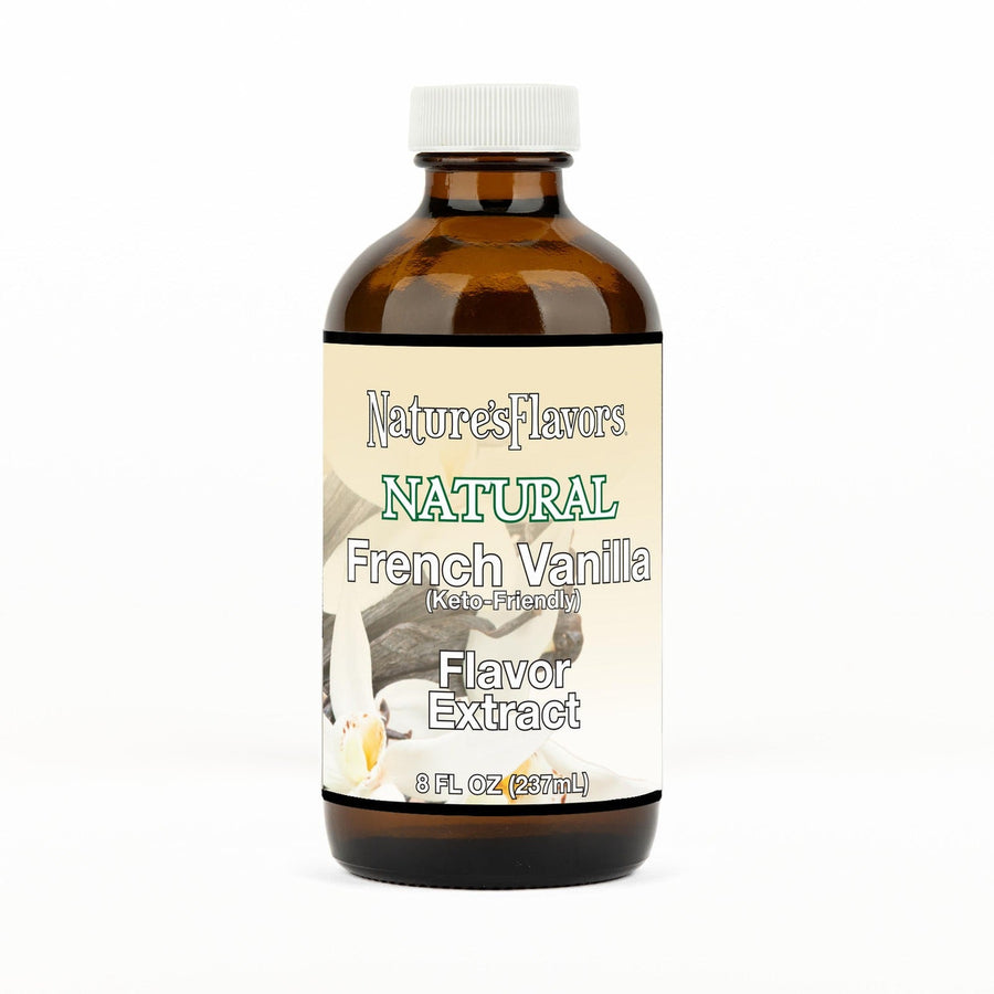 An 8 fl oz amber glass bottle of Nature's Flavors French Vanilla Flavored Extract, Keto-Friendly with a white cap, centered on a white background.