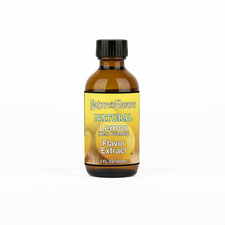 A 2 fl oz amber glass bottle of Nature's Flavors Lemon Flavored Extract, Keto-Friendly with a black cap, centered on a white background.