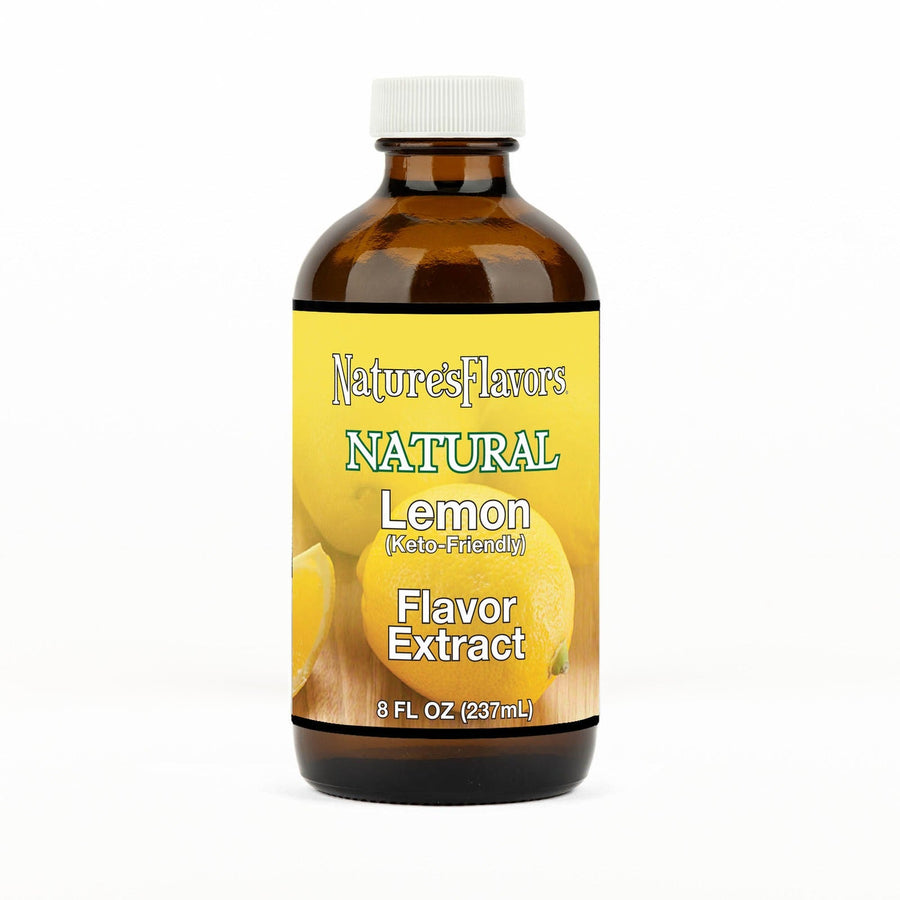 An 8 fl oz amber glass bottle of Nature's Flavors Lemon Flavored Extract, Keto-Friendly with a white cap, centered on a white background.