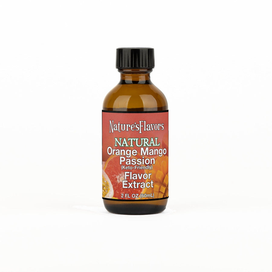 A 2 fl oz amber glass bottle of Nature's Flavors Orange Mango Passion Flavored Extract, Keto-Friendly with a black cap, centered on a white background.