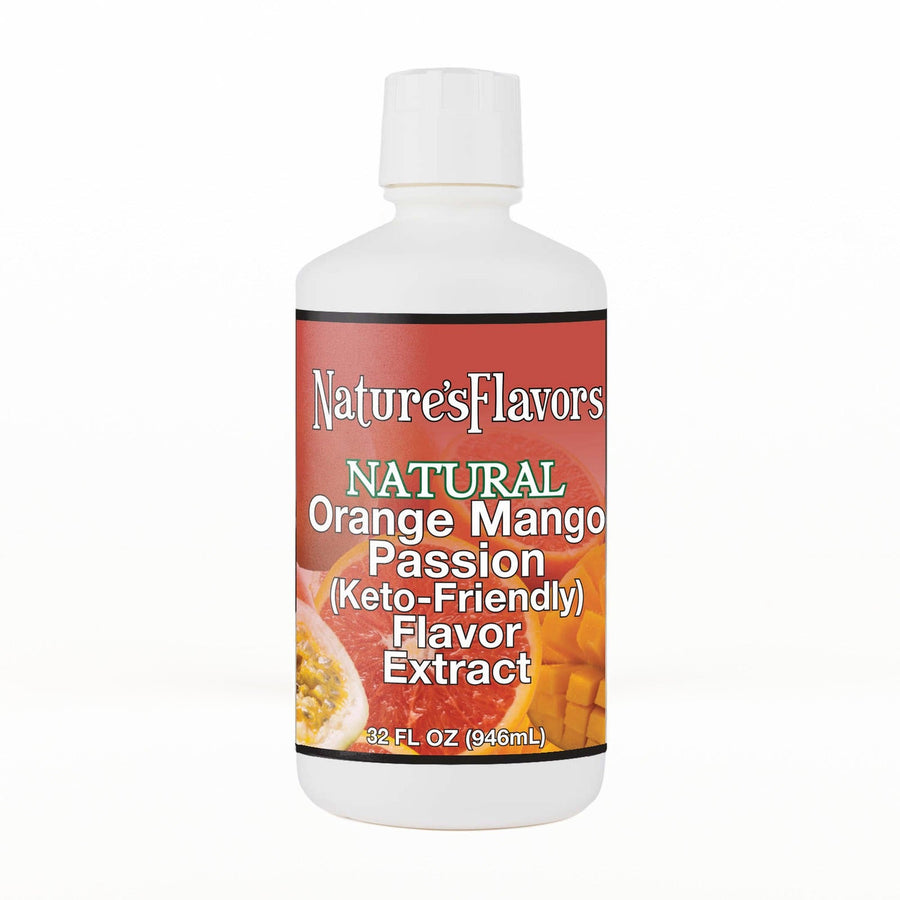 A 32 fl oz white plastic bottle of Nature's Flavors Orange Mango Passion Flavored Extract, Keto-Friendly with a white cap, centered on a white background.