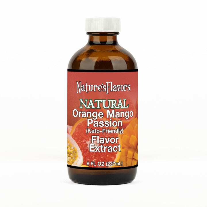 An 8 fl oz amber glass bottle of Nature's Flavors Orange Mango Passion Flavored Extract, Keto-Friendly with a white cap, centered on a white background.