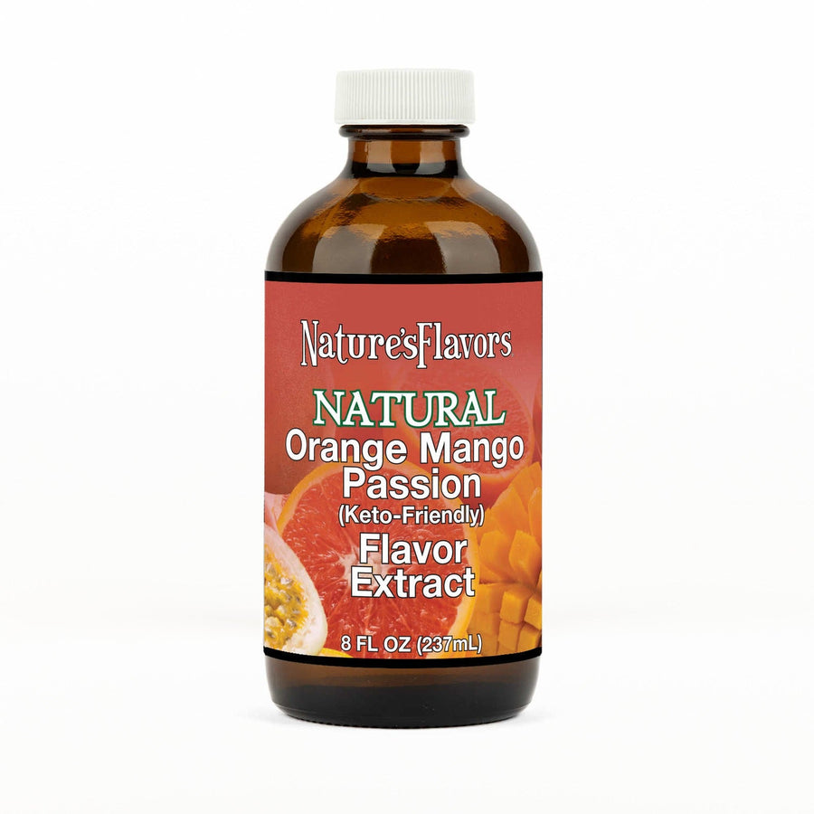 An 8 fl oz amber glass bottle of Nature's Flavors Orange Mango Passion Flavored Extract, Keto-Friendly with a white cap, centered on a white background.