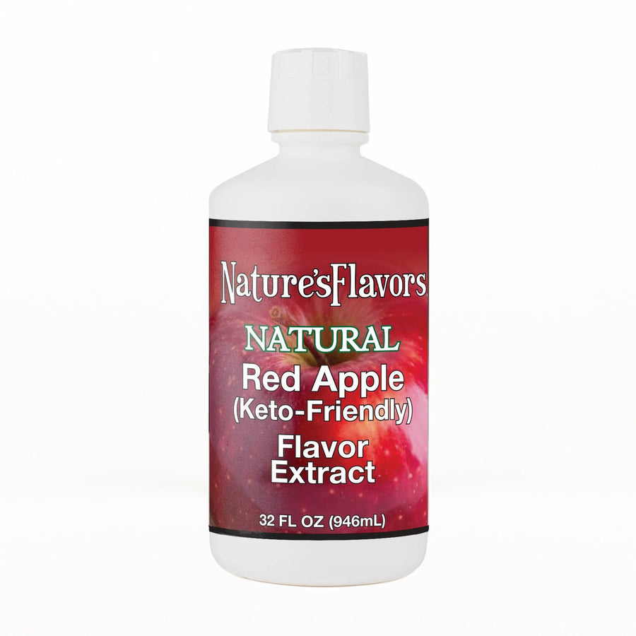 A 32 fl oz white plastic bottle of Nature's Flavors Red Apple Flavored Extract, Keto-Friendly with a white cap, centered on a white background.