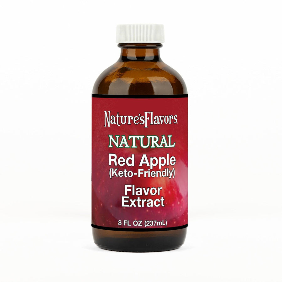 An 8 fl oz amber glass bottle of Nature's Flavors Red Apple Flavored Extract, Keto-Friendly with a white cap, centered on a white background.