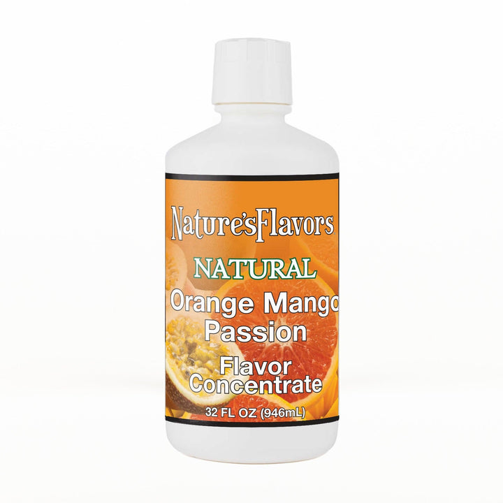A 32 fl oz white plastic bottle of Nature's Flavors Orange Mango Passion Flavor Concentrate Without Diacetyl with a white cap, centered on a white background.