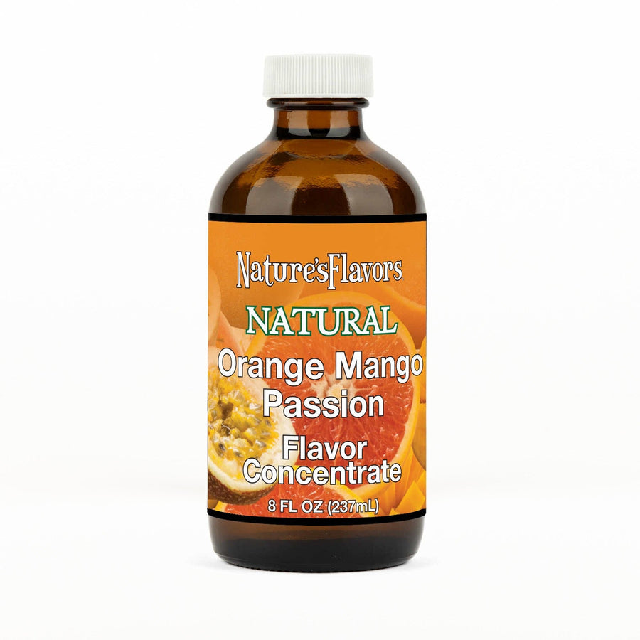 An 8 fl oz amber glass bottle of Nature's Flavors Orange Mango Passion Flavor Concentrate Without Diacetyl with a white cap, centered on a white background.