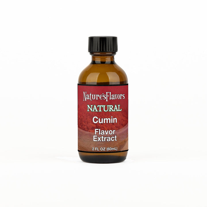 A 2 fl oz amber glass bottle of Nature's Flavors Cumin Flavor Extract Without Diacetyl with a black cap, centered on a white background.