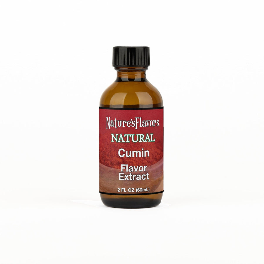 A 2 fl oz amber glass bottle of Nature's Flavors Cumin Flavor Extract Without Diacetyl with a black cap, centered on a white background.