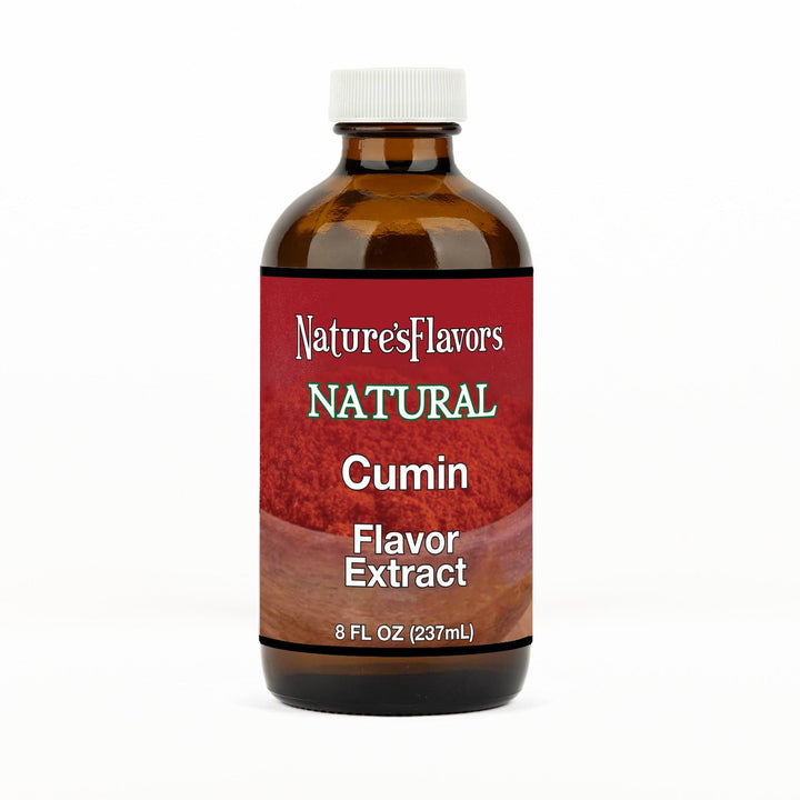 An 8 fl oz amber glass bottle of Nature's Flavors Cumin Flavor Extract Without Diacetyl with a white cap, centered on a white background.