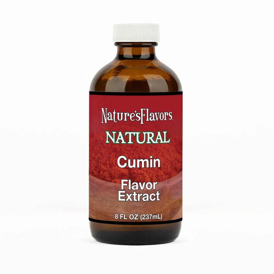 An 8 fl oz amber glass bottle of Nature's Flavors Cumin Flavor Extract Without Diacetyl with a white cap, centered on a white background.